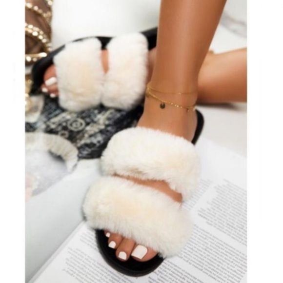 Shoes - Faux Fur Double Band Slides in White